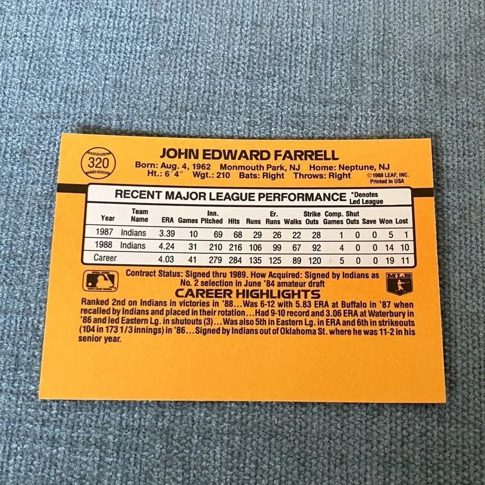 1989 Donruss Cleveland Indians Baseball Card Trading Card